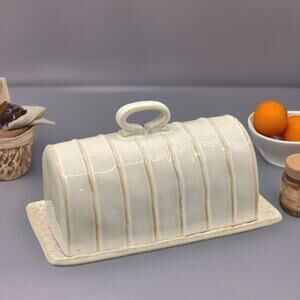 Stoneware Textured Butter Dish Cream Rustic Farmhouse Kitchen